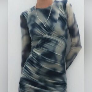 Zara Blue and Gray Long Sleeve Tulle Bodycon Dress